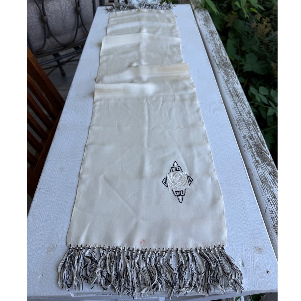 Vintage White Silk Crepe Scarf Art Deco Embroidered Rose Black White Fringe